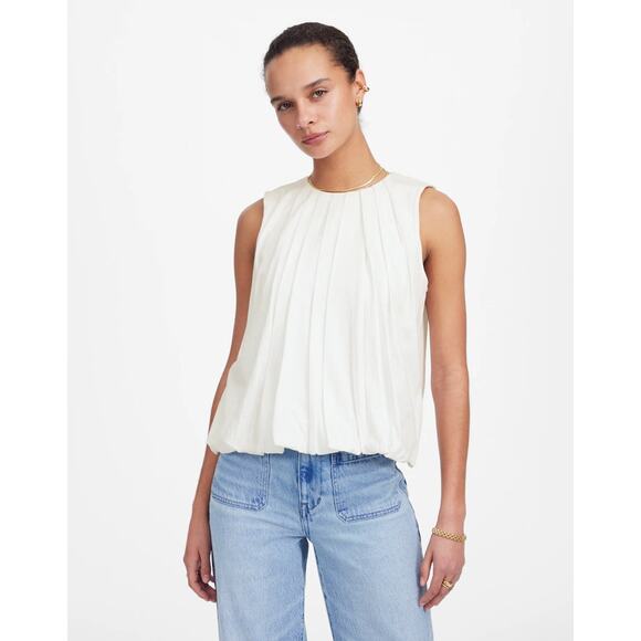 Madewell Sleeveless Crewneck Bubble Top SZ M White Pullover Lined Stretch Cotton - Picture 1 of 9